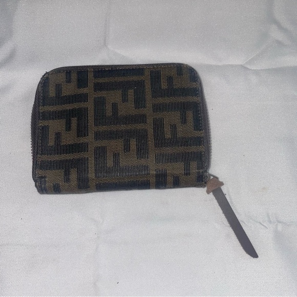 FENDI Vintage Zucca Canvas Leather Zip Around Wallet Brown Black Coin Pouch - Picture 1 of 16
